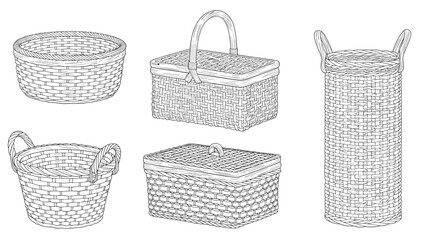 Obraz premium Woven wicker basket collection presents multiple hand-drawn line art illustrations of traditional containers with handles and lids for storage.