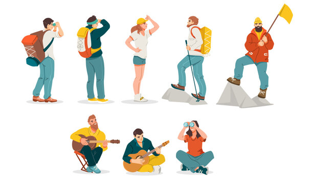 Group of tourists hiking and relaxing in flat style on white background, concept of adventure. Vector illustration