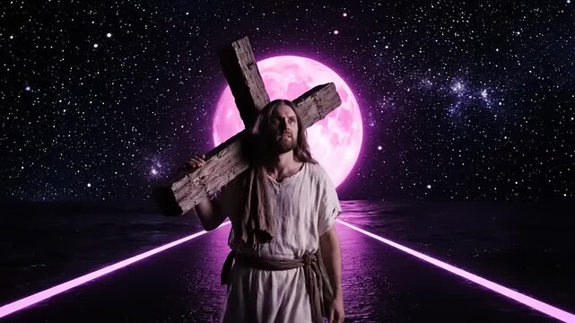 Jesus Christ Carrying Cross Space Moon.