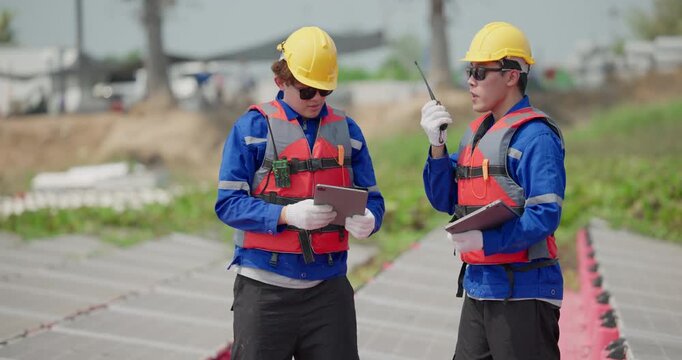 Software engineers collaborate, discuss ways to enhance a smart energy analytics app for floating solar operation. Real-time monitoring optimizes data usage, analyzes efficient consumption insights.

