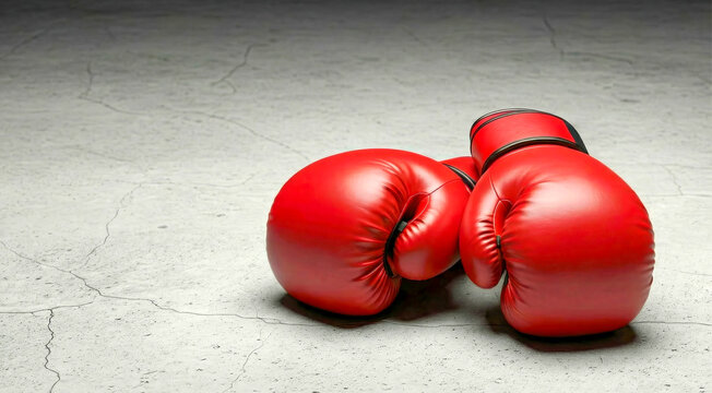Red boxing gloves lying on concrete floor with copy space