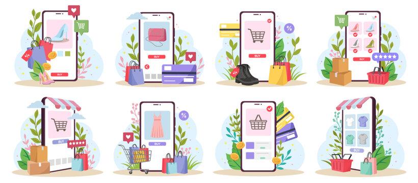 Mobile online shop set shown with flat style on light background, concept of digital shopping process. Vector illustration