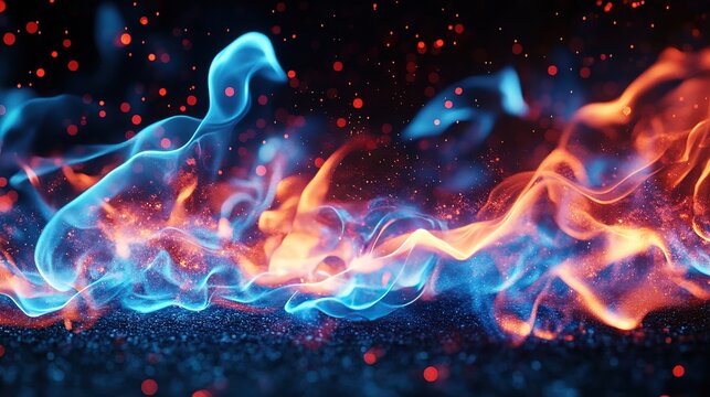 3D vector illustration of blue and red fire flames on black background, glowing light effect with hyper‑realistic detailed texture, cinematic energy element for dynamic design projects