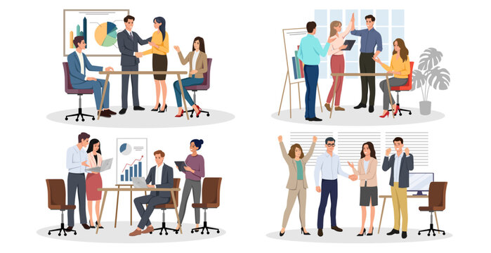 Office team collaboration scenes in flat style on white background, showing teamwork and success concept. Vector illustration