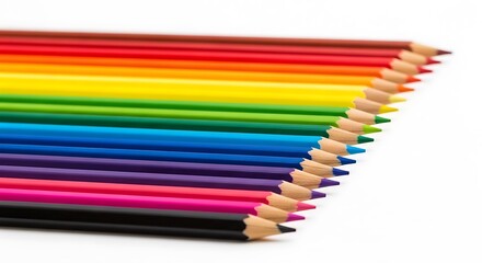 Fototapeta premium A diagonal row of sharpened colored pencils arranged in a vibrant spectrum against white