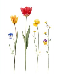 Obraz premium Hand painted botanical page with tulips daisy pansy and forget me not