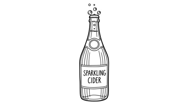 Illustration of a bottle of sparkling cider with bubbles rising, black and white line drawing, minimalist design on a plain background