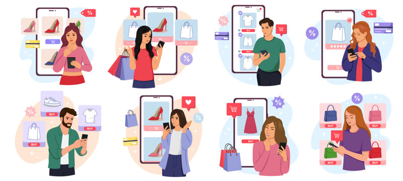 People browsing products on phones in flat style on light backgrounds showing concept of online shopping. Vector illustration