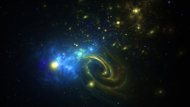 Stars light up the dark sky as galaxies connect in a cosmic dance. This scene captures the beauty of the universe during a vast nighttime view. 3d render