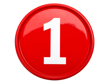 White number one in red circle isolated on white background, glossy digit 1 button cutout for ranking, first place and winner concept compositing