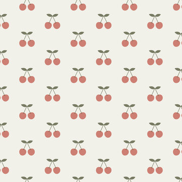 Seamless Cherry Pattern on Beige Background, Simple Cute Fruit Design