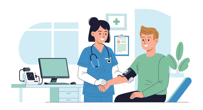 Medical, healthcare, doctor, nurse, blood pressure, checkup, vector illustration, medical office, patient, healthcare professional, clinic