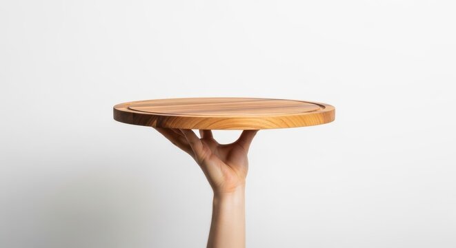 Hand holding a round wooden serving board isolated on white background