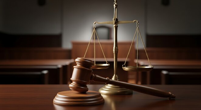 A gavel and scales of justice rest on a wooden table in a courtroom