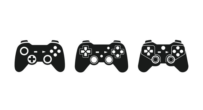 Three different game controllers depicted in black silhouette