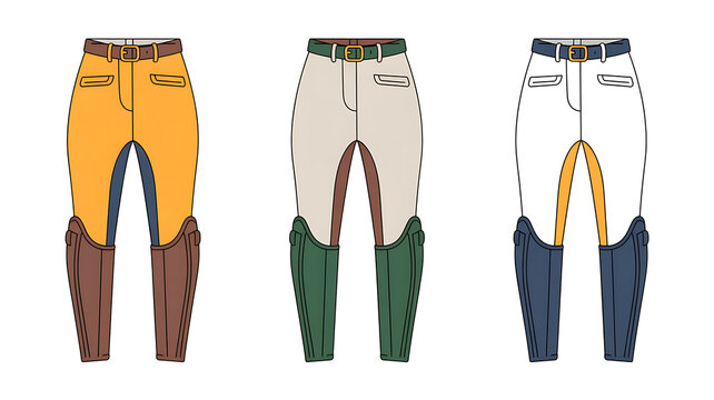 Three pairs of riding breeches for equestrian sports and horse riding, vector illustration