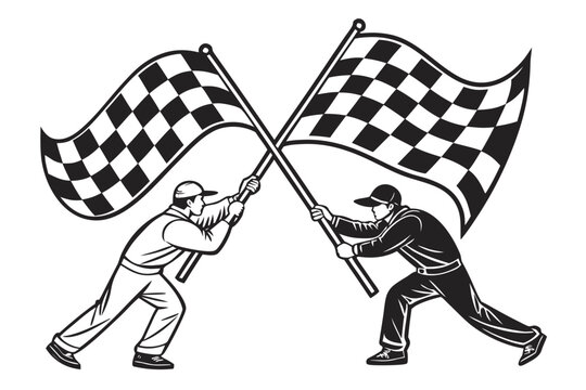 Two strong flagmen holding large checkered flags crossed in an energetic display, symbolizing race competition, victory, and finish lines