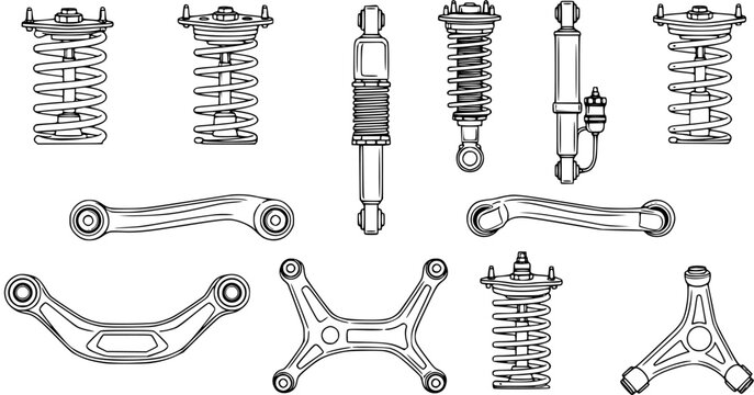 Automotive Suspension Parts Vector Line Art Illustration Set. Black and White Outline of Car Shock Absorbers, Coil Springs, Struts, and Control Arms.