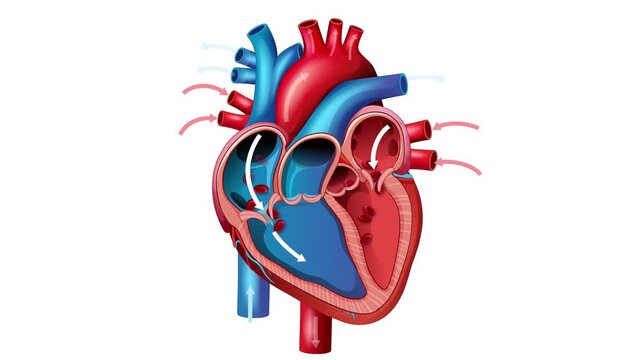Anatomy of human heart showing blood flow circulation with arrows on white background.