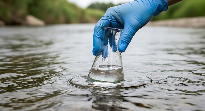 A gloved hand collects a water sample in a flask from a flowing river