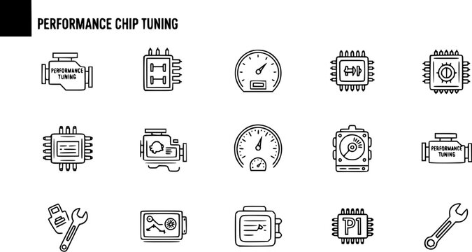 Performance Chip Tuning Icons - Engine, ECU, Gauges, Tools, Line Art