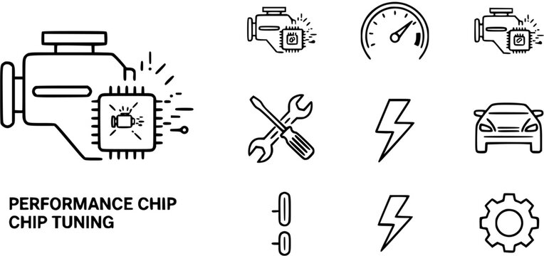 Automotive Car Engine Performance Chip Tuning and Diagnostics Linear Outline Icons Set for Vehicle Speed and Performance Upgrade