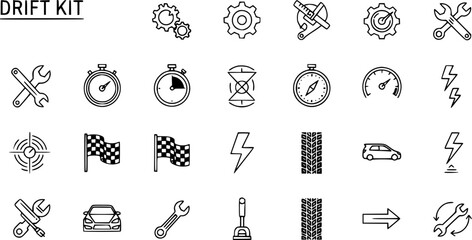 Drift Kit Icons: Automotive Symbols, Line Art Set - Car Racing, Tuning, Speed, Tools © vectorcorp