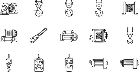 Winch and Hoisting Equipment Line Art Icons. Industrial, Automotive  Marine Lifting Hooks, Remotes, and Winches Collection. © vectorcorp