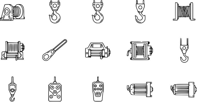 Winch and Hoisting Equipment Line Art Icons. Industrial, Automotive  Marine Lifting Hooks, Remotes, and Winches Collection.