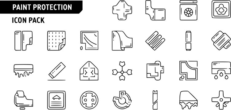Automotive Paint Protection Film (PPF) Application and Vehicle Detailing Line Art Icons Pack - Outline Vector Set for Car Care