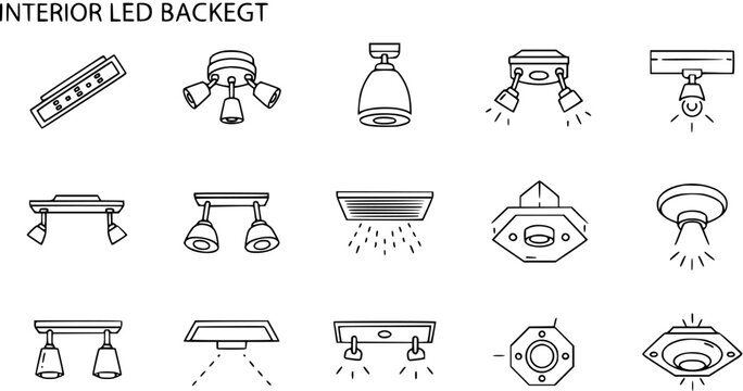 Black and White Line Art Icons of Interior LED Ceiling Lights and Spotlights for Home Decor and Lighting