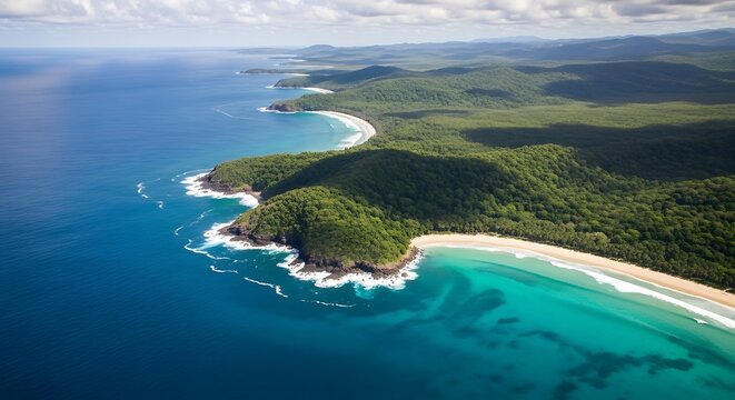 Aerial view of tropical island coastline.