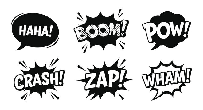 Comic book speech bubbles and sound effects in black silhouette