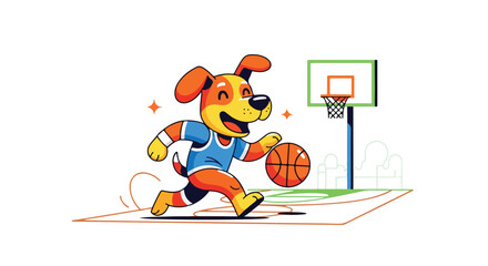 Fototapeta premium A cartoon dog wearing a blue jersey dribbles a basketball on a court with a hoop and backboard against a white background with vibrant colors.