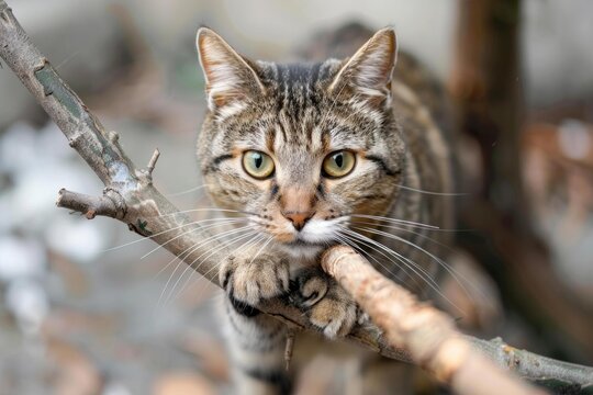 European shorthair cat playing and biting a branch in a garden