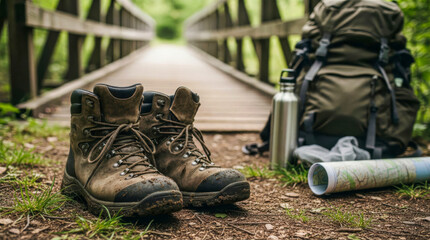 Fototapeta premium Hiking boots with map and backpack near bridge, route planning concept