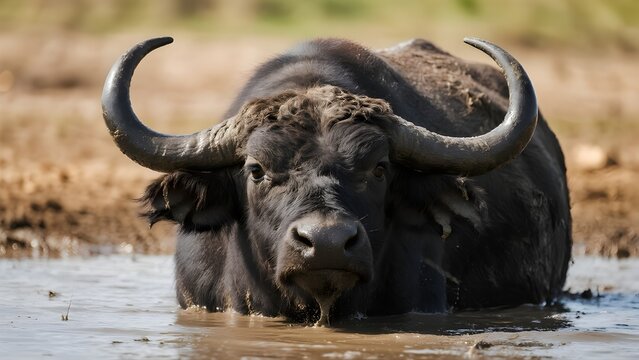A powerful African buffalo stares directly at the camera while wallowing in a shallow, muddy pool under the bright sunlight of the savanna.