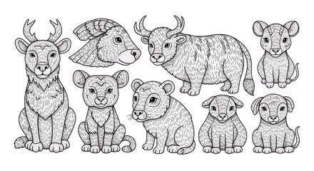 Fototapeta premium Detailed vector illustration of various animal heads and full bodies in a graphic design