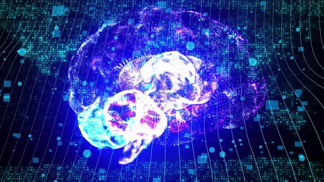 Artificial intelligence brain abstract concept machine learning seamless animation. Working cyber mind hologram on dynamic digital background.