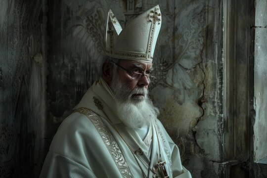 Senior bishop wearing mitre and glasses posing in profile in an ancient church with weathered frescoes