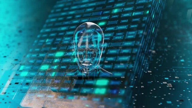 Artificial Intelligence 3d Animation Digital Technology Human Mind Person Face, abstract concept of cyber technology, machine learning, robot and brain futuristic idea.