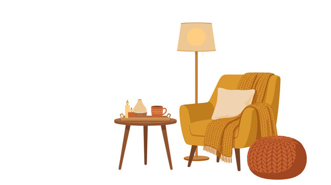 Cozy living room corner with armchair side table and warm lighting