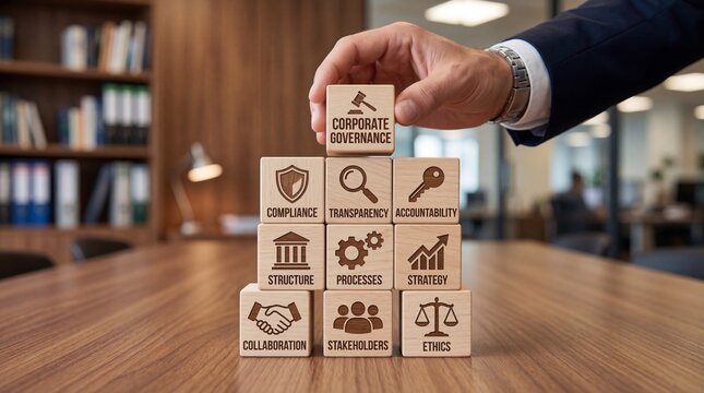 A hand in a business suit placing a block labeled corporate governance on top of a stack of blocks representing compliance, transparency, and accountability in a modern office setting.