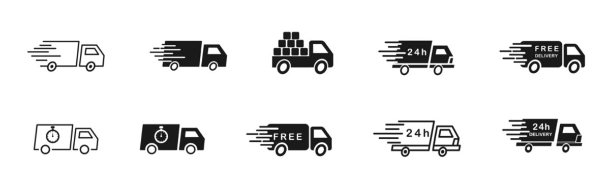 Delivery Service Icons Set &ndash; Fast Shipping, Free Delivery, 24h Delivery, Express Courier, Package Care, Logistics Line and Flat Icons