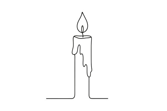 One-Line Candle Illustration. Candlelight glow. Minimalistic one-line drawing tall candle with melting wax and