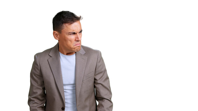 Man expressing disgust looking away on transparent background