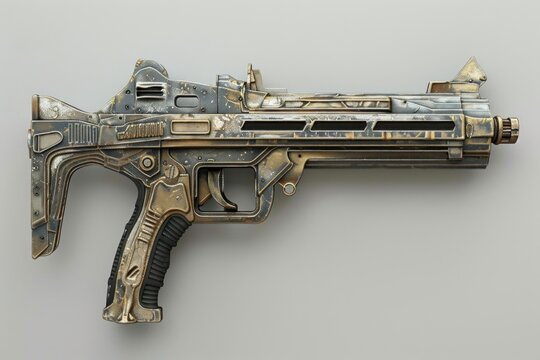 Detailed steampunk style handgun with intricate metallic textures