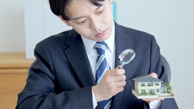 家を虫眼鏡で見る男性