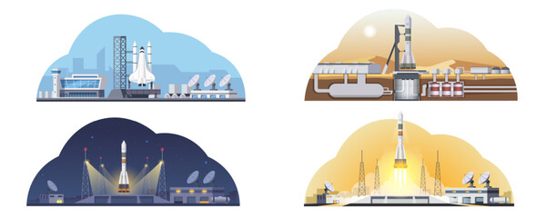 Cosmodrome set showing space ship launch stages in flat graphic style on varied skies, concept of exploration and technology. Vector illustration © GN.STUDIO