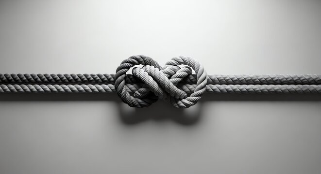 Detailed thick twisted rope tied into a complex decorative figure eight knot representing strong security and permanent unity